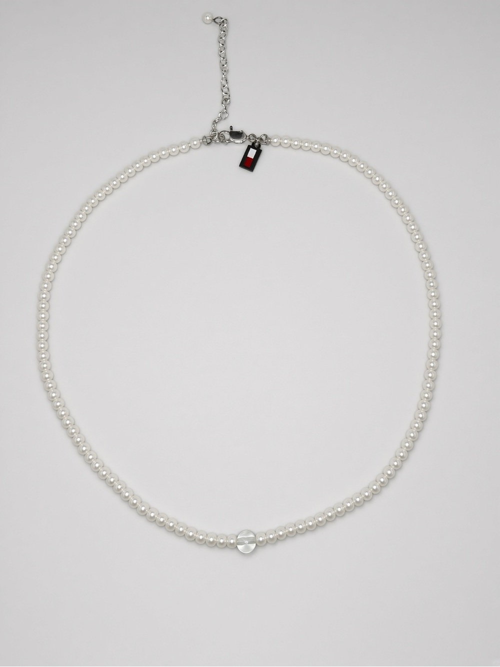 Tommy Hilfiger Faux Pearl Necklace 14” + 2” Extender Silver Tone Flag Charm
